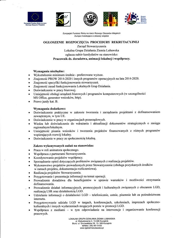 Ogłoszenie rozpoczęcia procedury rekrutacyjnej na stanowisko pracownika ds. doradztwa, animacji lokalnej i współpracy